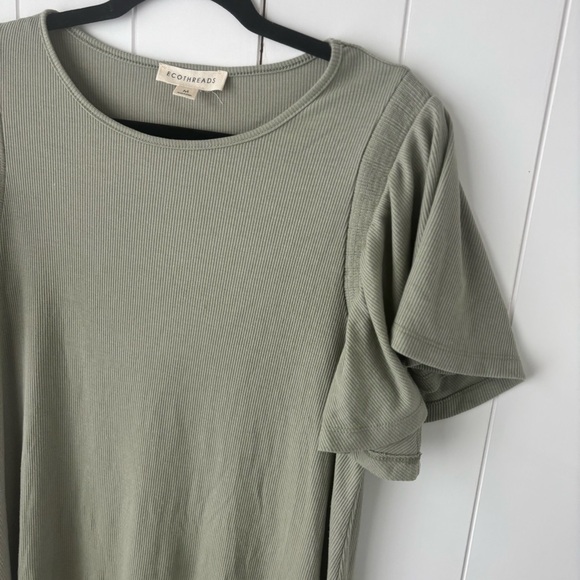 ECOTHREADS Sage Ribbed Flutter Sleeve Shirt Dress Boho Sage Medium - Picture 2 of 7